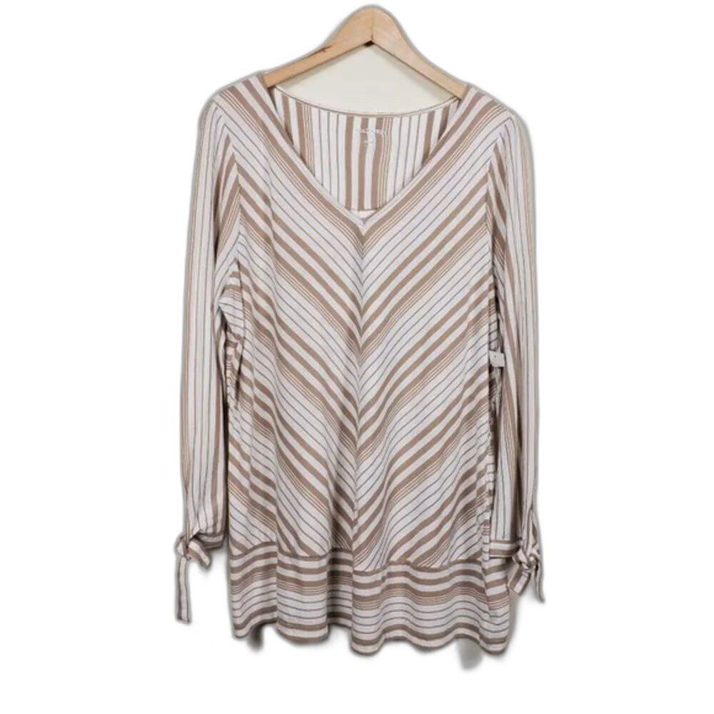 Kim Rogers Neutral Striped Tunic Womens Size L White Tan Long Sleeve Top